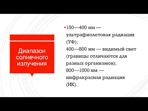 Диапазон солнечного излучения 150—400 нм — ультрафиолетовая радиация (УФ); 400—800