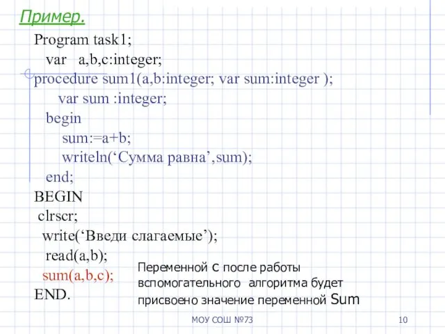 МОУ СОШ №73 Program task1; var a,b,c:integer; procedure sum1(a,b:integer; var