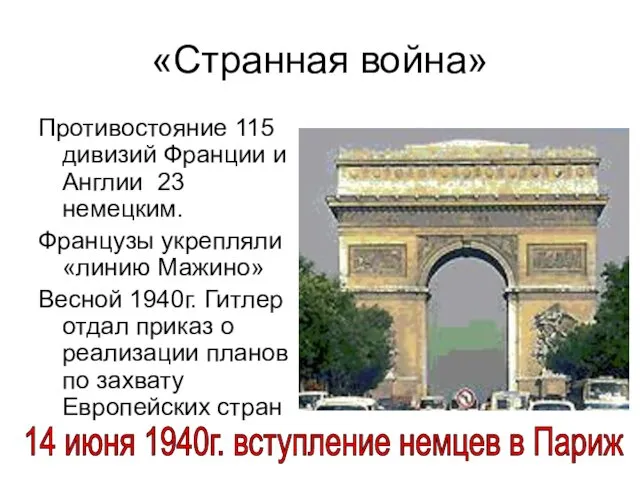 «Странная война» Противостояние 115 дивизий Франции и Англии 23 немецким.