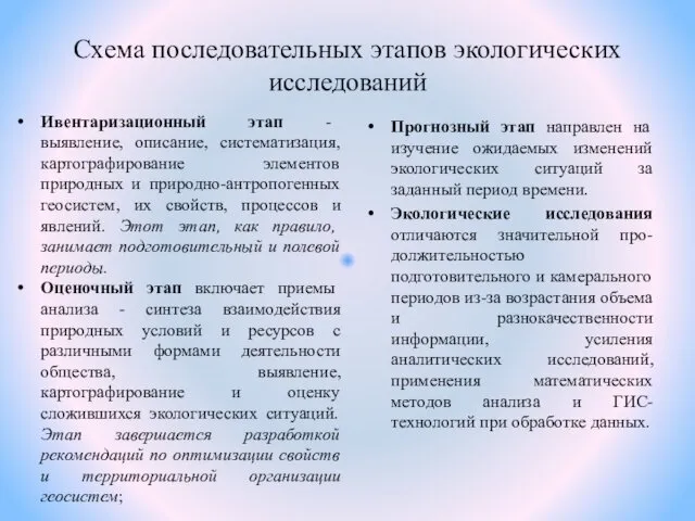 Схема последовательных этапов экологических исследований Ивентаризационный этап - выявление, описание,