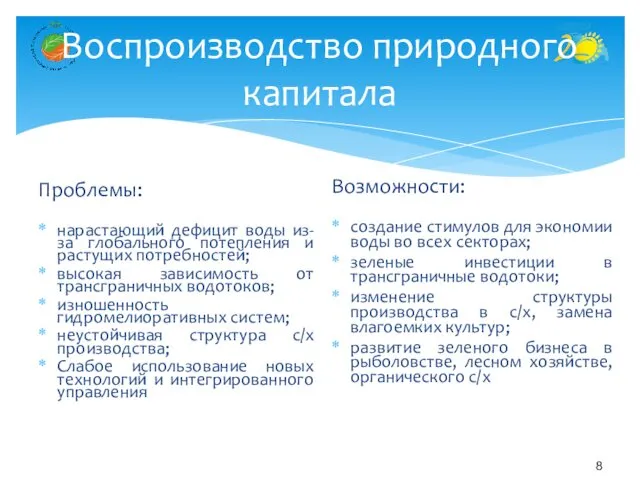 Воспроизводство природного капитала Проблемы: нарастающий дефицит воды из-за глобального потепления