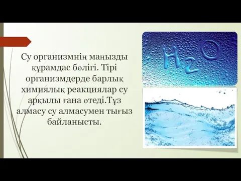 Су организмнің маңызды құрамдас бөлігі. Тірі организмдерде барлық химиялық реакциялар