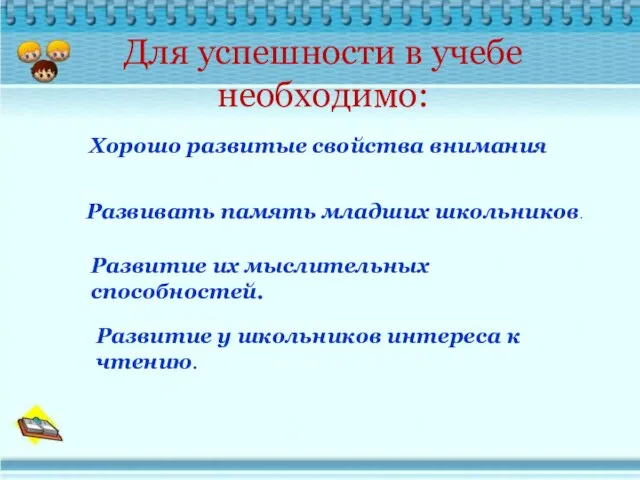 Для успешности в учебе необходимо: Хорошо развитые свойства внимания Развивать