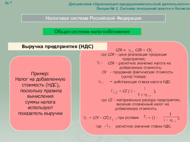 Налоговая система Российской Федерации Общая система налогообложения Пример: Налог на