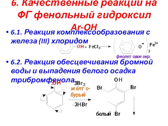 6. Качественные реакции на ФГ фенольный гидроксил Ar-OH 6.1. Реакция