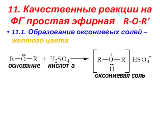 11. Качественные реакции на ФГ простая эфирная R-O-R′ 11.1. Образование оксониевых солей – желтого цвета