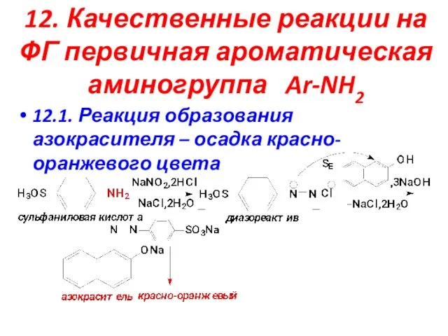 12. Качественные реакции на ФГ первичная ароматическая аминогруппа Ar-NH2 12.1.