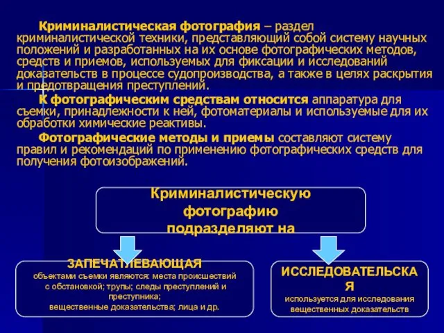 Криминалистическая фотография – раздел криминалистической техники, представляющий собой систему научных