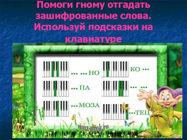 Помоги гному отгадать зашифрованные слова. Используй подсказки на клавиатуре