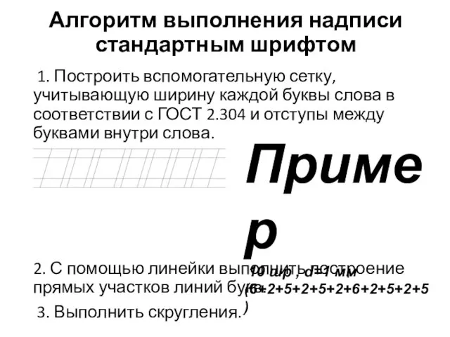 Алгоритм выполнения надписи стандартным шрифтом 1. Построить вспомогательную сетку, учитывающую