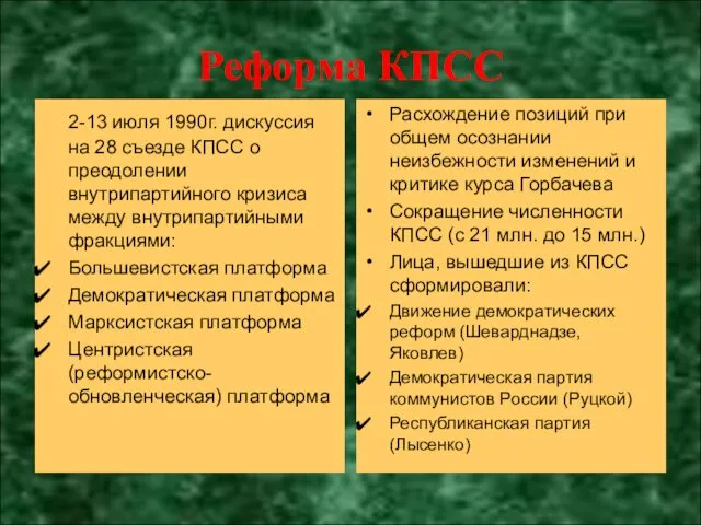 Реформа КПСС 2-13 июля 1990г. дискуссия на 28 съезде КПСС