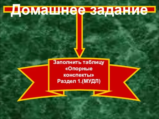 Домашнее задание Заполнить таблицу «Опорные конспекты» Раздел 1.(МУДЛ)