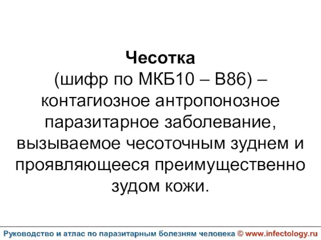 Чесотка (шифр по МКБ10 – B86) – контагиозное антропонозное паразитарное