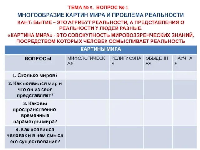 ТЕМА № 5. ВОПРОС № 1 МНОГООБРАЗИЕ КАРТИН МИРА И