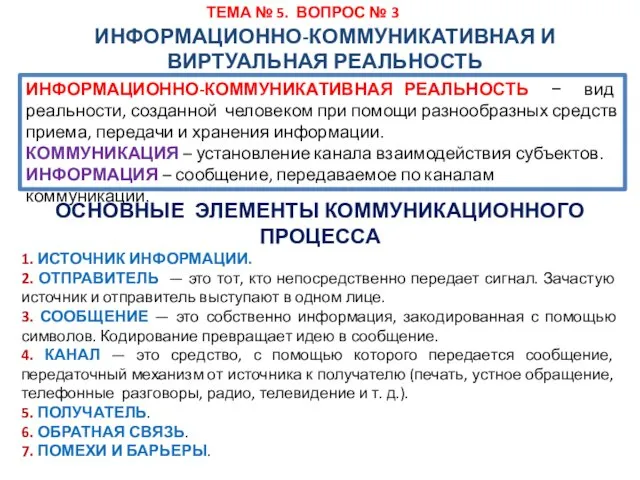 ТЕМА № 5. ВОПРОС № 3 ИНФОРМАЦИОННО-КОММУНИКАТИВНАЯ И ВИРТУАЛЬНАЯ РЕАЛЬНОСТЬ