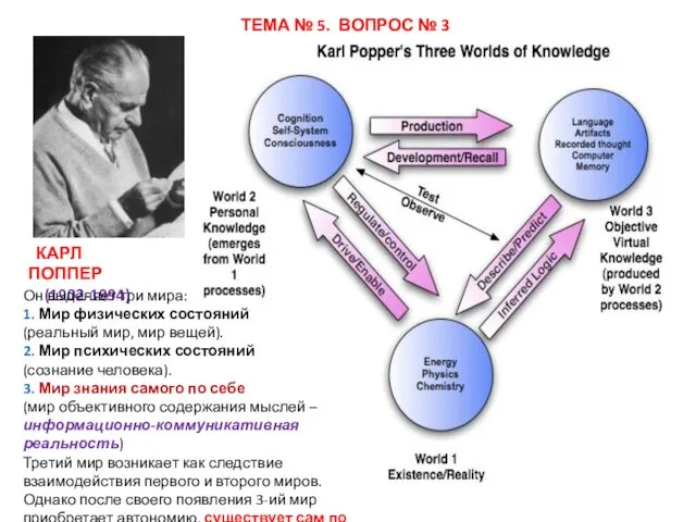 КАРЛ ПОППЕР (1902-1994) Он выделяет три мира: 1. Мир физических