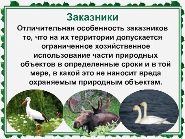 Заказники Отличительная особенность заказников то, что на их территории допускается ограниченное хозяйственное использование