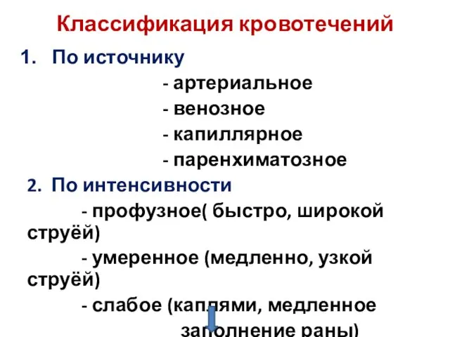 Классификация кровотечений По источнику - артериальное - венозное - капиллярное