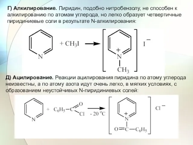 Г) Алкилирование. Пиридин, подобно нитробензолу, не способен к алкилированию по