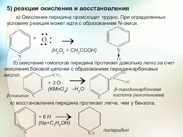 5) реакции окисления и восстановления а) Окисление пиридина происходит трудно.