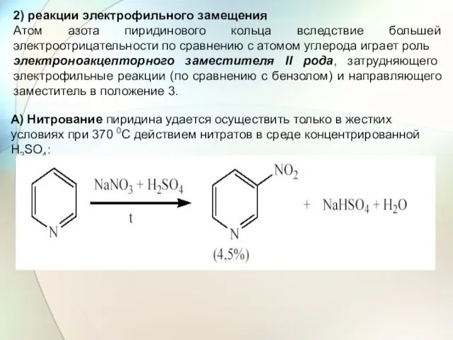 2) реакции электрофильного замещения Атом азота пиридинового кольца вследствие большей