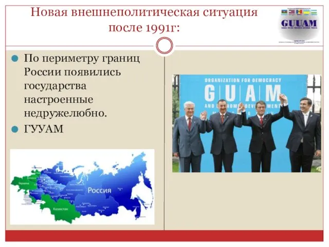 Новая внешнеполитическая ситуация после 1991г: По периметру границ России появились государства настроенные недружелюбно. ГУУАМ