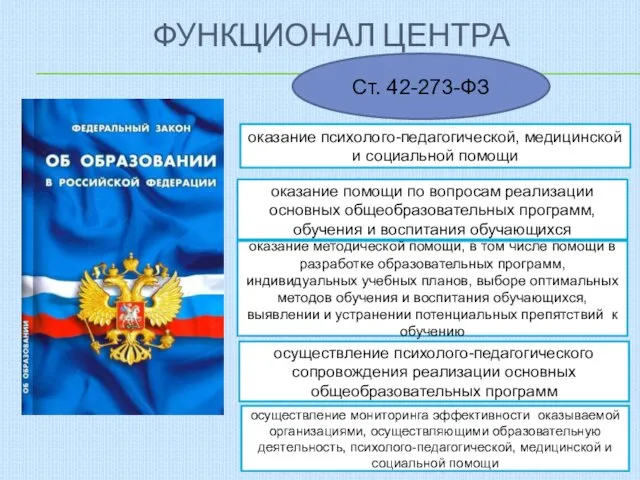 ФУНКЦИОНАЛ ЦЕНТРА Ст. 42-273-ФЗ оказание психолого-педагогической, медицинской и социальной помощи