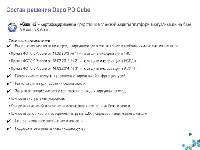 Состав решения Depo PD Cube vGate R2 – сертифицированное средство