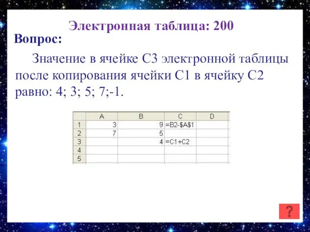 Электронная таблица: 200 Вопрос: Значение в ячейке С3 электронной таблицы после копирования ячейки
