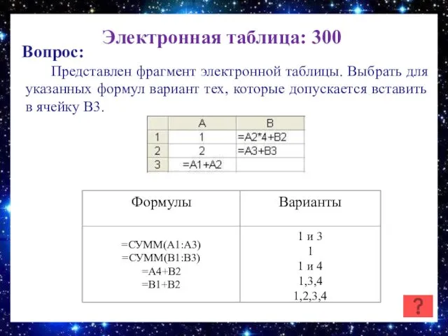 Электронная таблица: 300 Вопрос: Представлен фрагмент электронной таблицы. Выбрать для