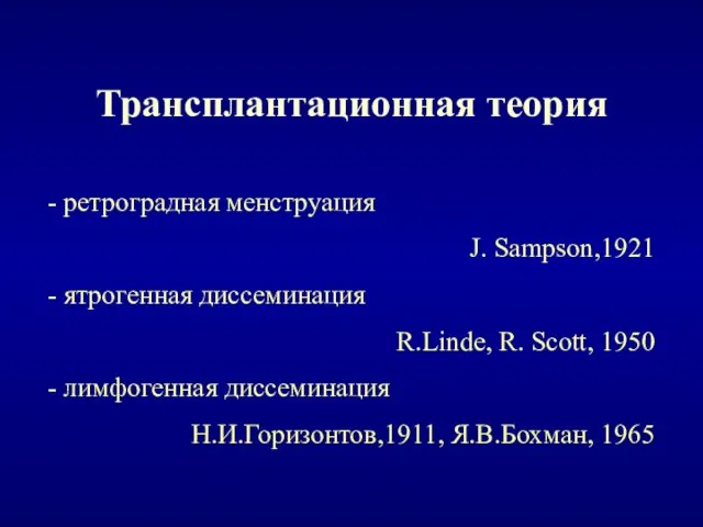 Трансплантационная теория - ретроградная менструация J. Sampson,1921 - ятрогенная диссеминация R.Linde, R. Scott,