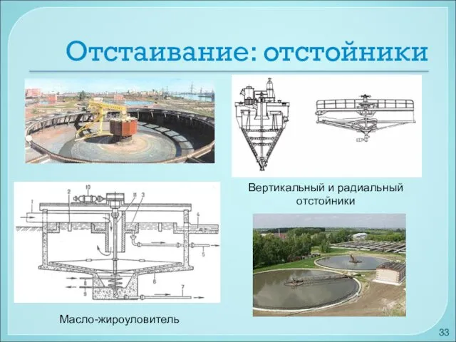 Отстаивание: отстойники Масло-жироуловитель Вертикальный и радиальный отстойники