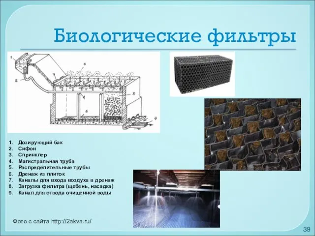 Биологические фильтры Дозирующий бак Сифон Спринклер Магистральная труба Распределительные трубы Дренаж из плиток