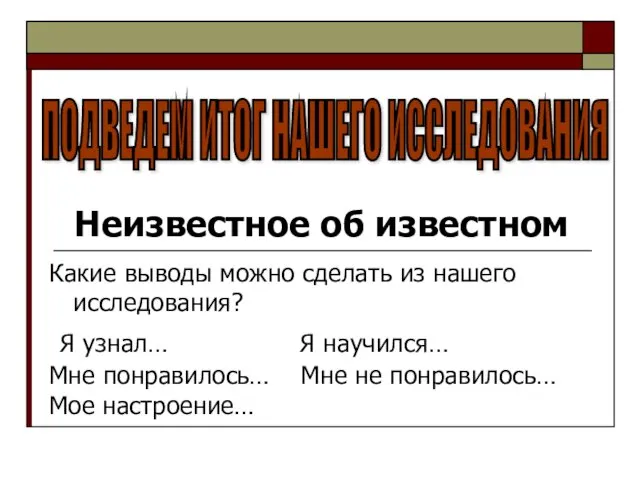 ПОДВЕДЕМ ИТОГ НАШЕГО ИССЛЕДОВАНИЯ Неизвестное об известном Какие выводы можно