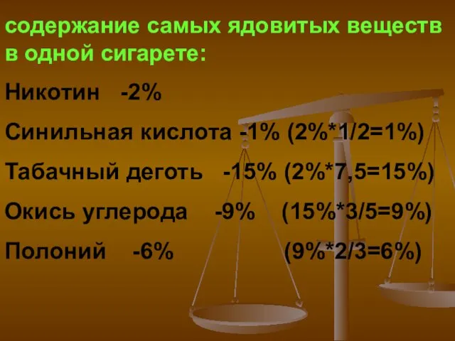 содержание самых ядовитых веществ в одной сигарете: Никотин -2% Синильная