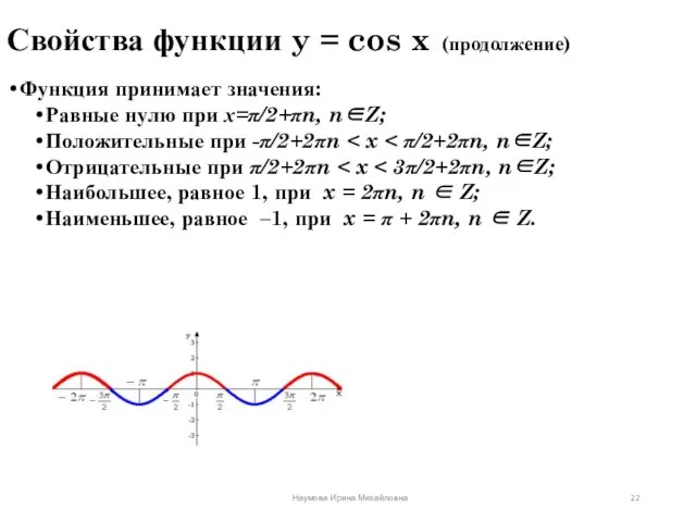 Свойства функции y = cos x (продолжение) Функция принимает значения:
