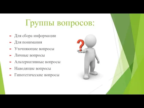 Группы вопросов: Для сбора информации Для понимания Уточняющие вопросы Личные