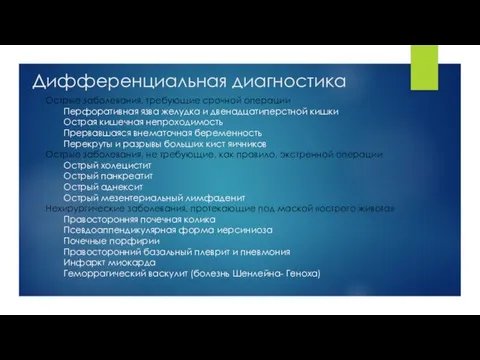 Дифференциальная диагностика Острые заболевания, требующие срочной операции Перфоративная язва желудка и двенадцатиперстной кишки