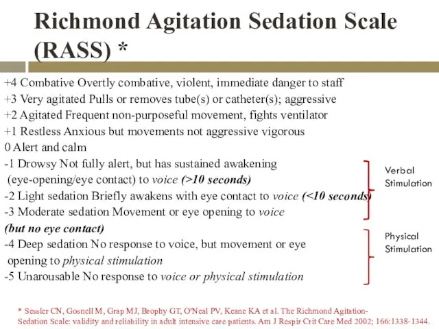 Richmond Agitation Sedation Scale (RASS) * +4 Combative Overtly combative,
