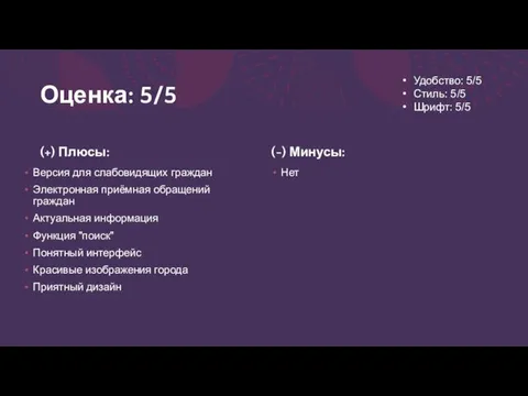 Оценка: 5/5 (+) Плюсы: Версия для слабовидящих граждан Электронная приёмная