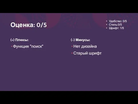 Оценка: 0/5 (+) Плюсы: Функция "поиск" (-) Минусы: Нет дизайна Старый шрифт Удобство: