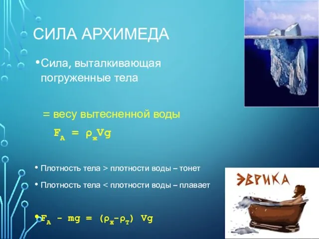 СИЛА АРХИМЕДА Сила, выталкивающая погруженные тела = весу вытесненной воды FА = ρжVg