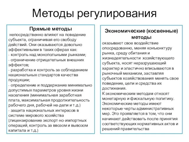 Методы регулирования Прямые методы непосредственно влияют на поведение субъекта, ограничивая