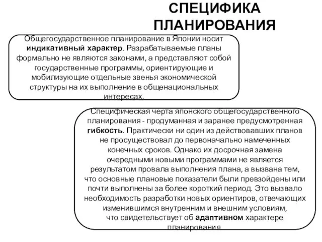 СПЕЦИФИКА ПЛАНИРОВАНИЯ Общегосударственное планирование в Японии носит индикативный характер. Разрабатываемые