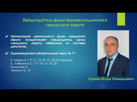 Председатель Думы Верхнесалдинского городского округа Организацию деятельности Думы городского округа