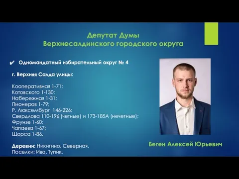 Депутат Думы Верхнесалдинского городского округа Одномандатный избирательный округ № 4