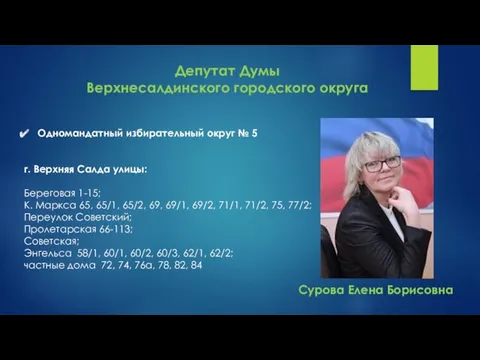 Депутат Думы Верхнесалдинского городского округа Одномандатный избирательный округ № 5