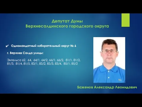 Депутат Думы Верхнесалдинского городского округа Одномандатный избирательный округ № 6