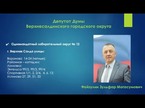 Депутат Думы Верхнесалдинского городского округа Одномандатный избирательный округ № 12