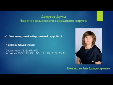 Депутат Думы Верхнесалдинского городского округа Одномандатный избирательный округ № 13